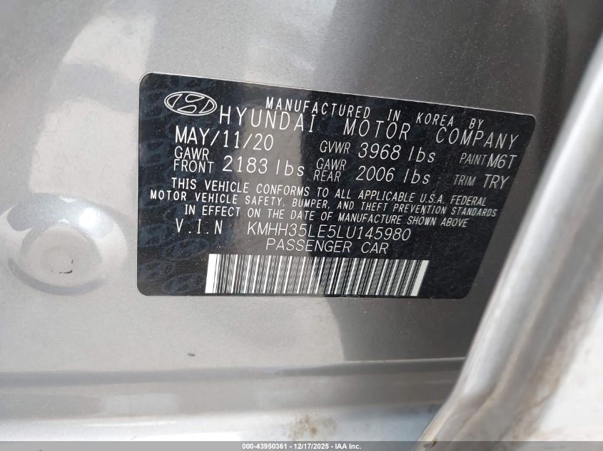 2020 Hyundai Elantra Gt VIN: KMHH35LE5LU145980 Lot: 43950361