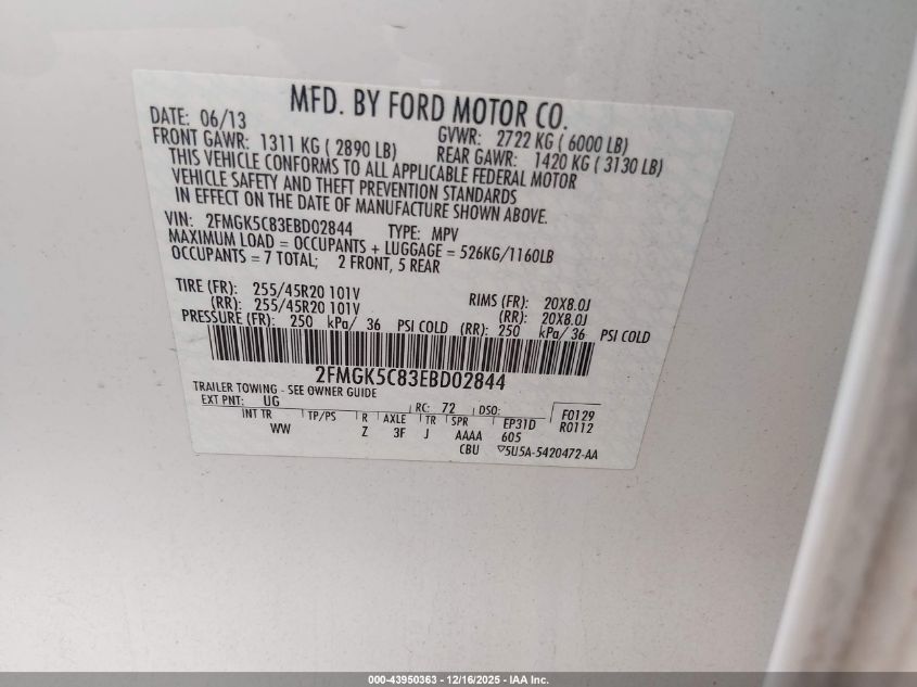 2014 Ford Flex Sel VIN: 2FMGK5C83EBD02844 Lot: 43950363