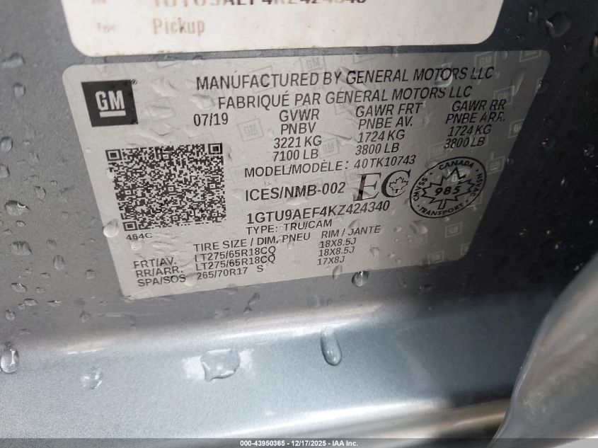 2019 GMC Sierra 1500 VIN: 1GTU9AEF4KZ424340 Lot: 43950365
