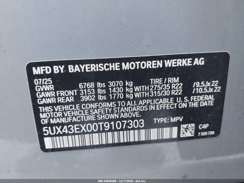 2026 BMW X6 M60I VIN: 5UX43EX00T9107303 Lot: 43950366