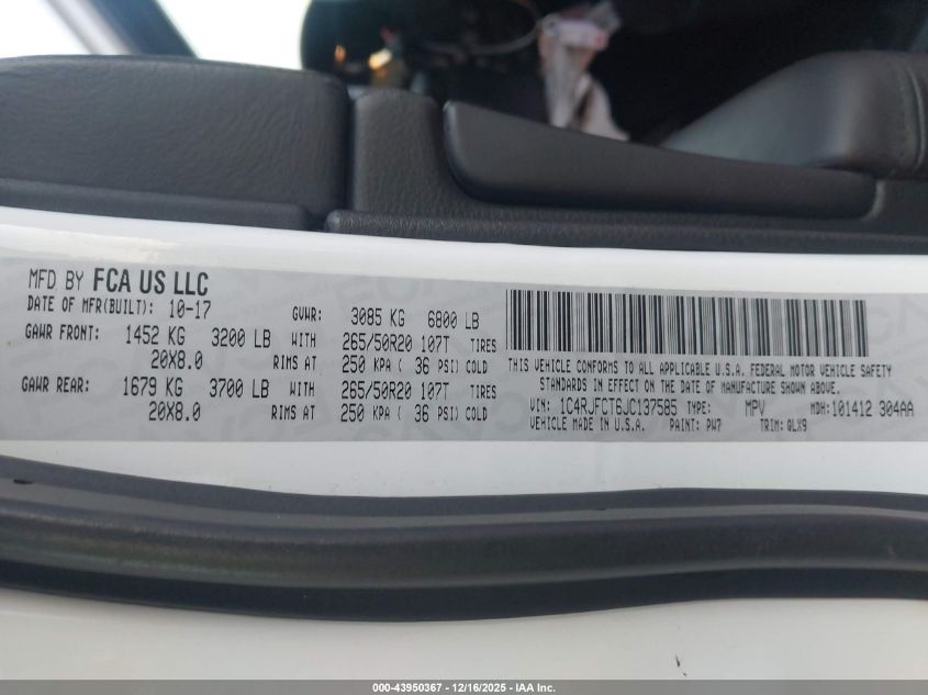 2018 Jeep Grand Cherokee High Altitude 4X4 VIN: 1C4RJFCT6JC137585 Lot: 43950367