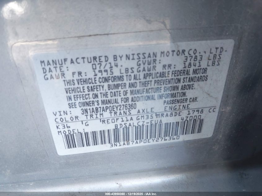 2014 Nissan Sentra S VIN: 3N1AB7AP0EY276360 Lot: 43950368