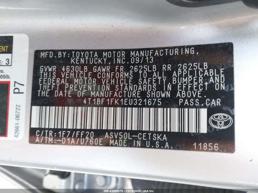 2014 Toyota Camry Se VIN: 4T1BF1FK1EU321675 Lot: 43950370