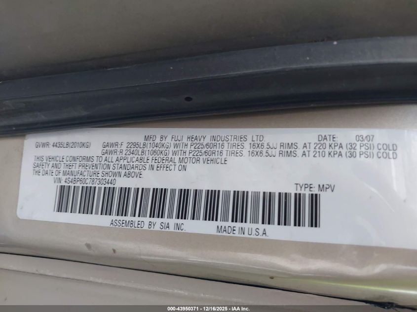 2008 Subaru Outback VIN: 4S4BP60C787303440 Lot: 43950371