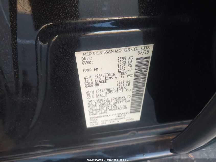 2019 Nissan Frontier Sv VIN: 1N6AD0FR9KN749946 Lot: 43950374
