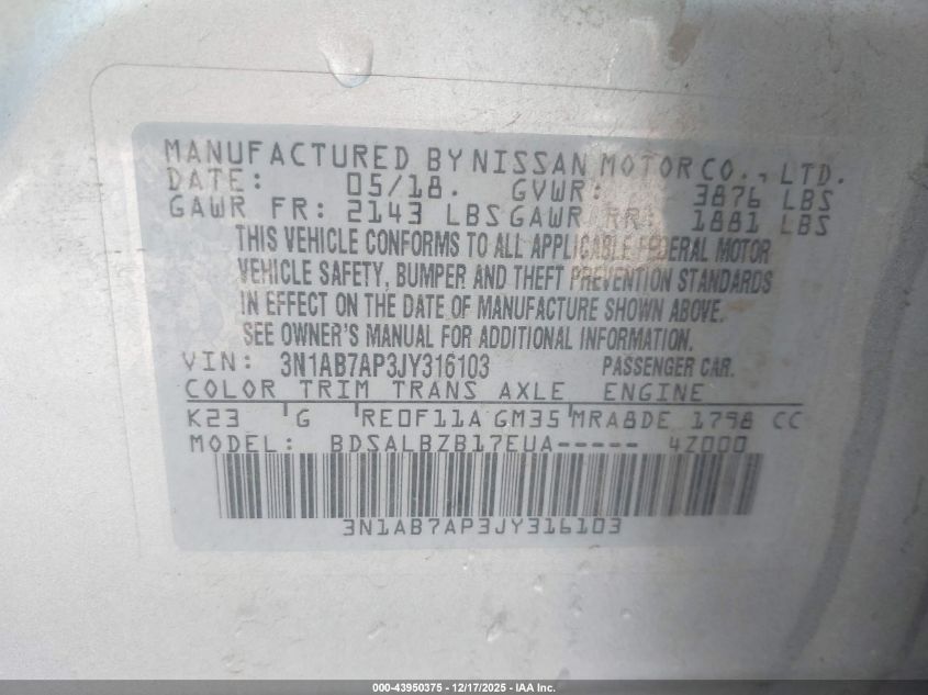2018 Nissan Sentra S VIN: 3N1AB7AP3JY316103 Lot: 43950375