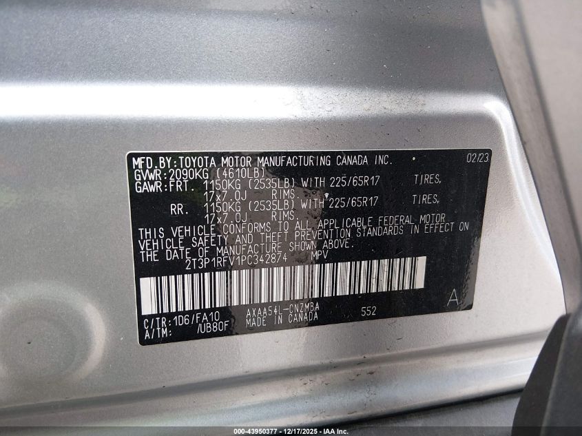 2023 Toyota Rav4 Xle VIN: 2T3P1RFV1PC342874 Lot: 43950377