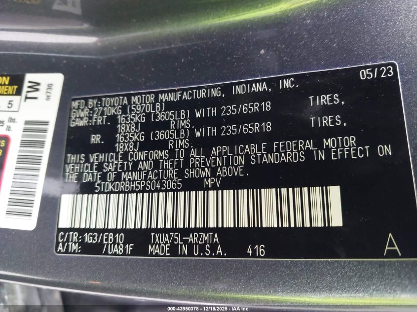 2023 Toyota Highlander Xle VIN: 5TDKDRBH5PS043065 Lot: 43950378