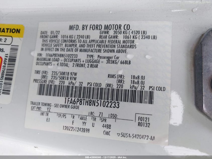 2022 Ford Mustang Ecoboost Premium Fastback VIN: 1FA6P8TH8N5102233 Lot: 43950380