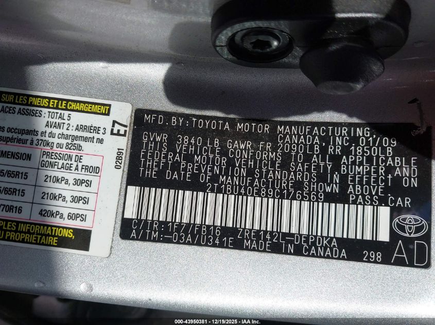 2009 Toyota Corolla Le VIN: 2T1BU40E89C176569 Lot: 43950381