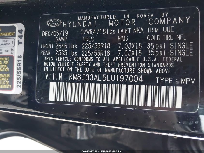 2020 Hyundai Tucson Limited VIN: KM8J33AL5LU197004 Lot: 43950386