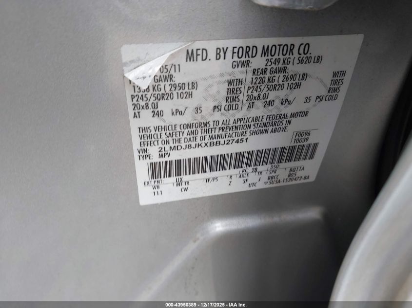 2011 Lincoln Mkx VIN: 2LMDJ8JKXBBJ27451 Lot: 43950389