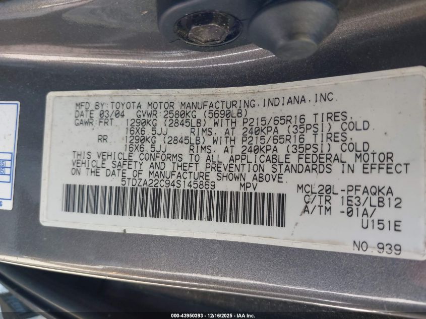 2004 Toyota Sienna Xle VIN: 5TDZA22C94S145869 Lot: 43950393