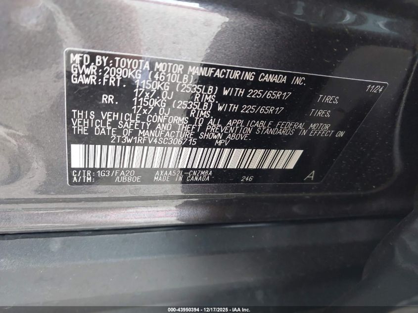 2025 Toyota Rav4 Xle VIN: 2T3W1RFV4SC306715 Lot: 43950394