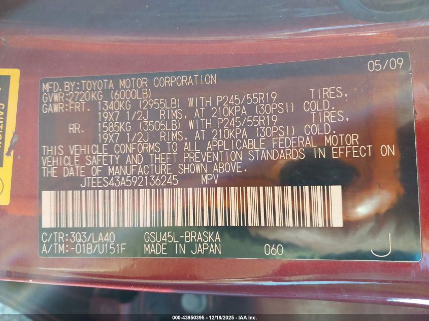 2009 Toyota Highlander Sport VIN: JTEES43A592136245 Lot: 43950395