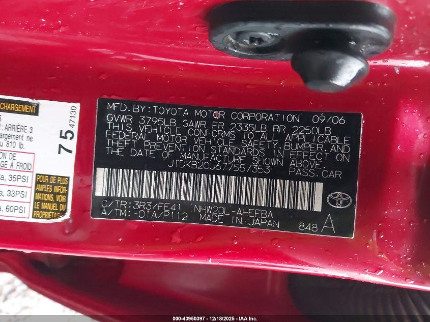 2007 Toyota Prius VIN: JTDKB20U677557353 Lot: 43950397