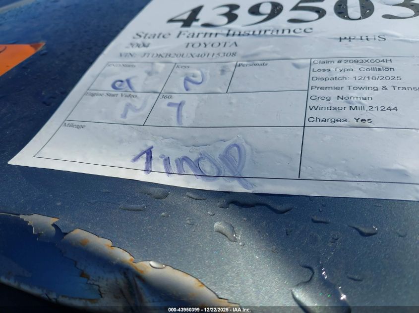 2004 Toyota Prius VIN: JTDKB20UX40115308 Lot: 43950399