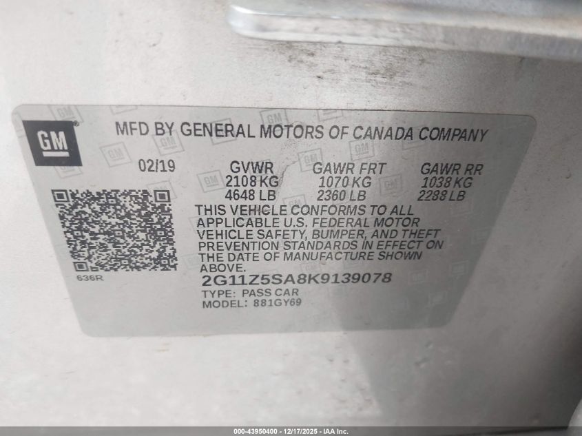 2019 Chevrolet Impala Lt VIN: 2G11Z5SA8K9139078 Lot: 43950400
