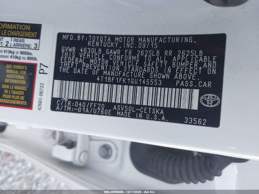 2016 Toyota Camry Se VIN: 4T1BF1FK1GU145553 Lot: 43950406