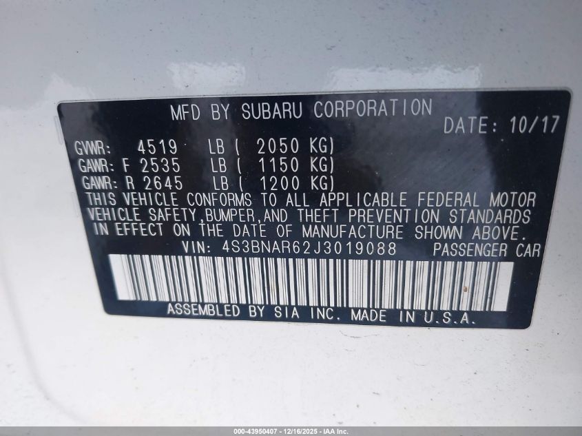 2018 Subaru Legacy 2.5I Sport VIN: 4S3BNAR62J3019088 Lot: 43950407
