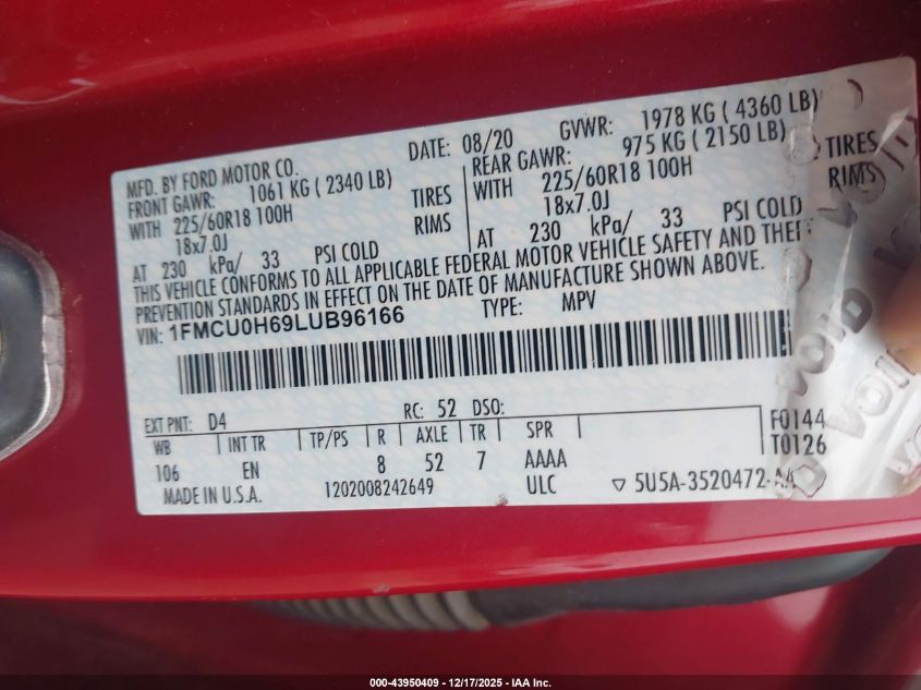 2020 Ford Escape Sel VIN: 1FMCU0H69LUB96166 Lot: 43950409