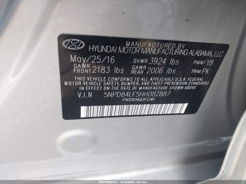 2017 Hyundai Elantra Se VIN: 5NPD84LF5HH082887 Lot: 43950410