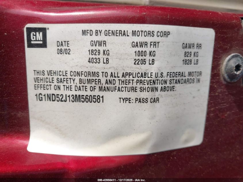 2003 Chevrolet Malibu VIN: 1G1ND52J13M560581 Lot: 43950411