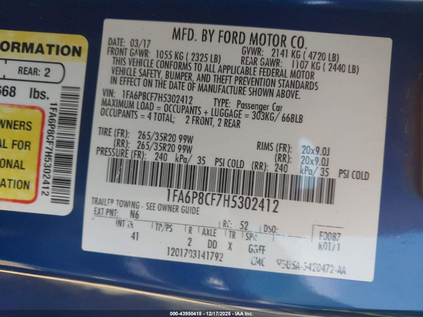 2017 Ford Mustang Gt Premium VIN: 1FA6P8CF7H5302412 Lot: 43950418