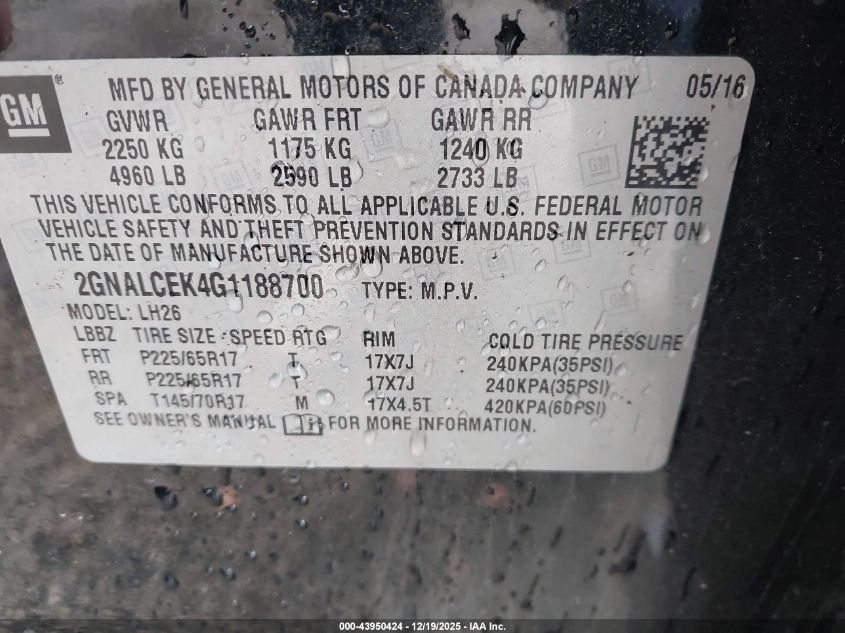 2016 Chevrolet Equinox Lt VIN: 2GNALCEK4G1188700 Lot: 43950424