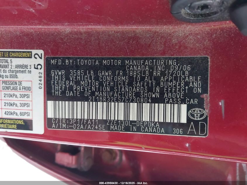 2007 Toyota Corolla Ce VIN: 2T1BR32E57C730804 Lot: 43950430