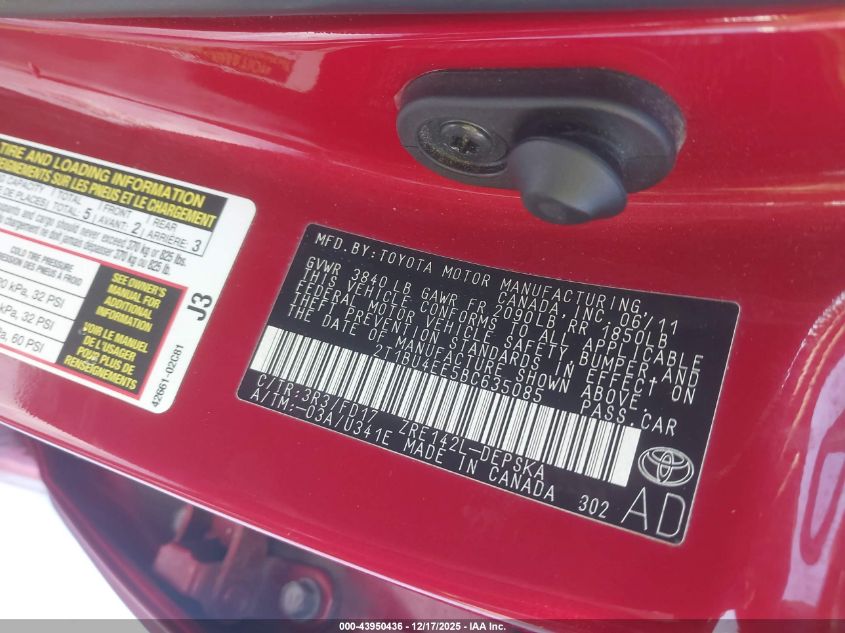 2011 Toyota Corolla S VIN: 2T1BU4EE5BC635085 Lot: 43950436