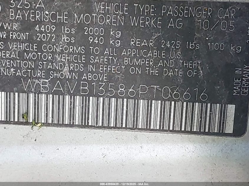 2006 BMW 325I VIN: WBAVB13586PT06616 Lot: 43950439