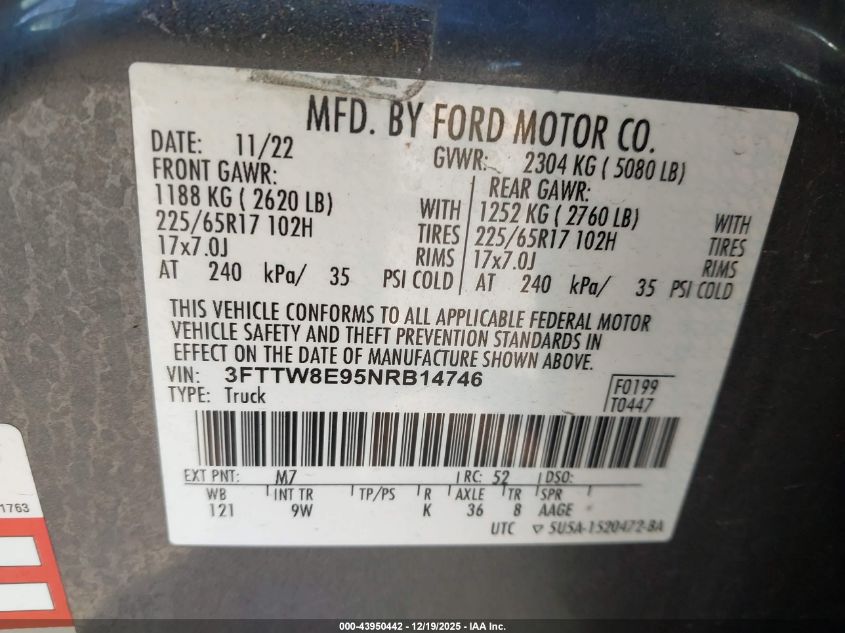 2022 Ford Maverick Xl VIN: 3FTTW8E95NRB14746 Lot: 43950442