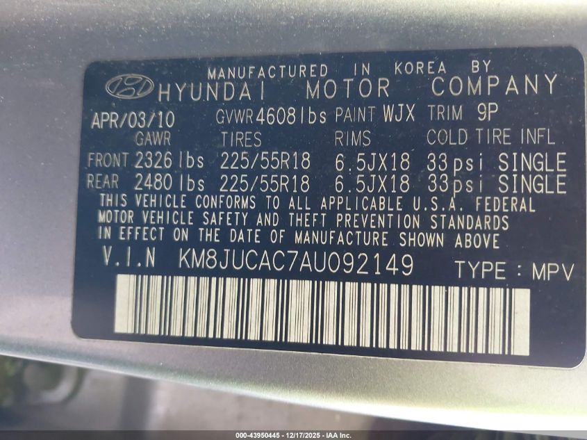 2010 Hyundai Tucson Limited VIN: KM8JUCAC7AU092149 Lot: 43950445