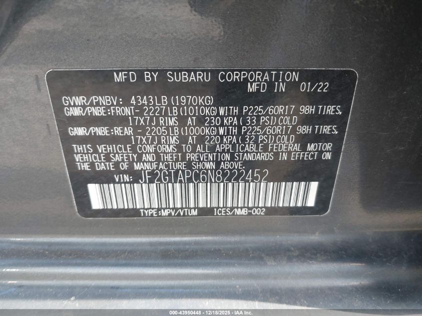 2022 Subaru Crosstrek Premium VIN: JF2GTAPC6N8222452 Lot: 43950448