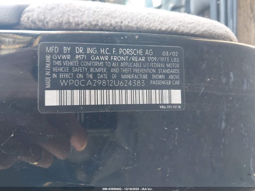 2002 Porsche Boxster VIN: WP0CA29812U624383 Lot: 43950452