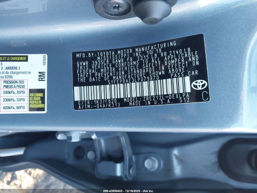 2020 Toyota Corolla Le VIN: 5YFEPRAE3LP079870 Lot: 43950453