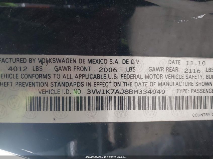 2011 Volkswagen Jetta 2.0L S VIN: 3VW1K7AJ8BM334949 Lot: 43950455