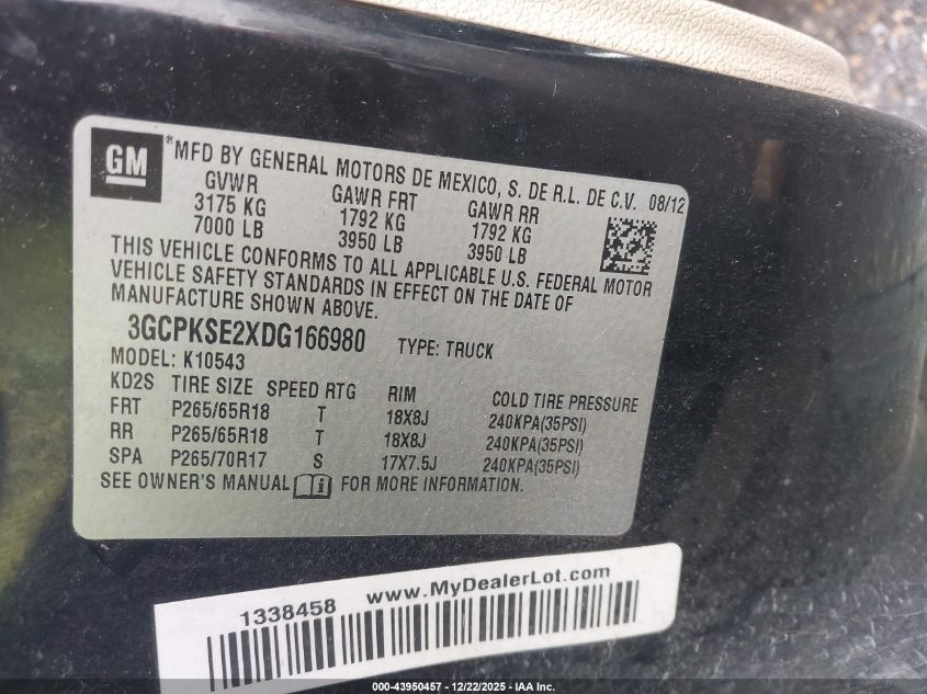 2013 Chevrolet Silverado 1500 Lt VIN: 3GCPKSE2XDG166980 Lot: 43950457