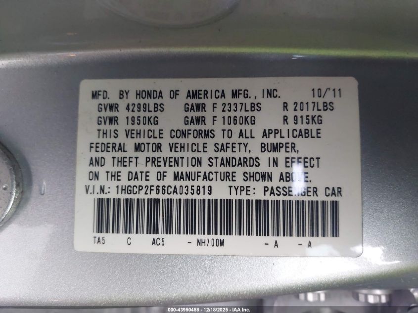 2012 Honda Accord 2.4 Se VIN: 1HGCP2F66CA035819 Lot: 43950458