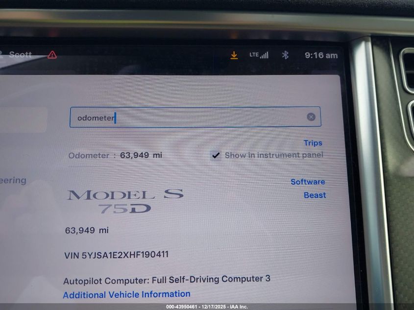 2017 Tesla Model S 100D/60D/75D/90D/P100D VIN: 5YJSA1E2XHF190411 Lot: 43950461