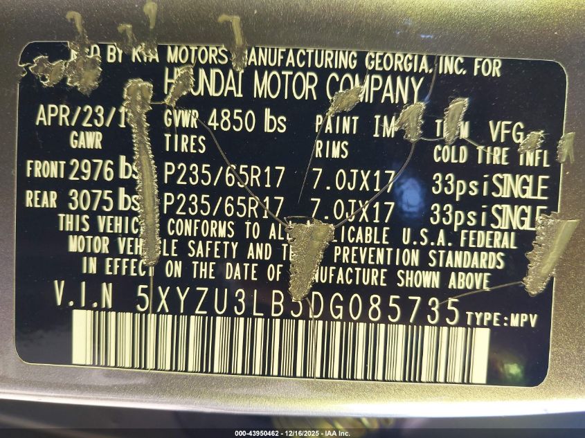 2013 Hyundai Santa Fe Sport VIN: 5XYZU3LB5DG085735 Lot: 43950462
