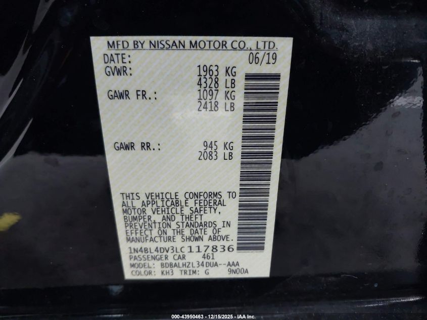 2020 Nissan Altima Sv Fwd VIN: 1N4BL4DV3LC117836 Lot: 43950463