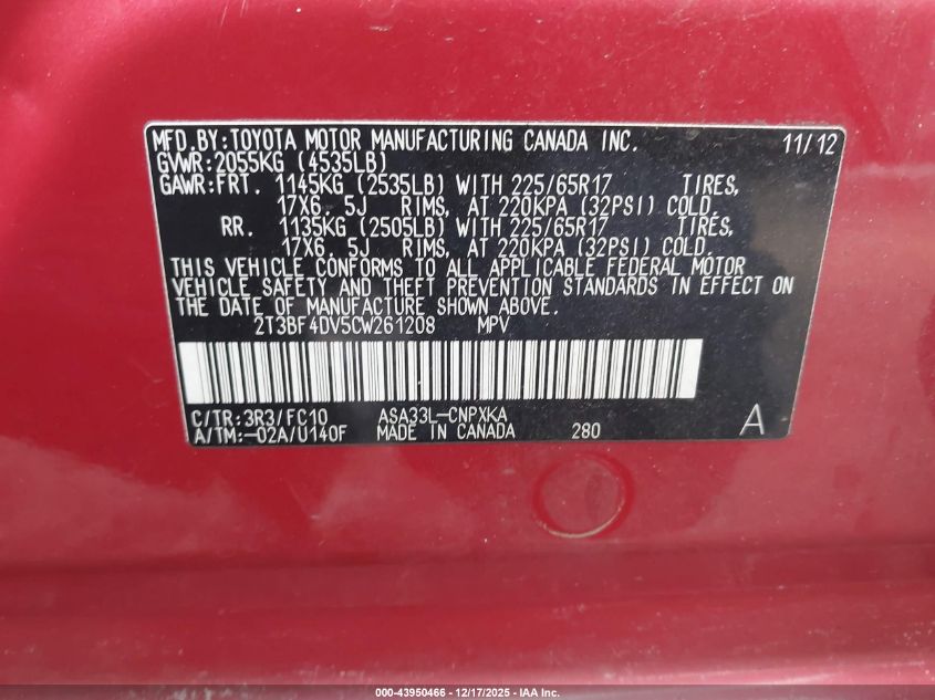 2012 Toyota Rav4 VIN: 2T3BF4DV5CW261208 Lot: 43950466