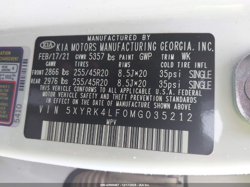 2021 Kia Sorento Sx VIN: 5XYRK4LF0MG035212 Lot: 43950467