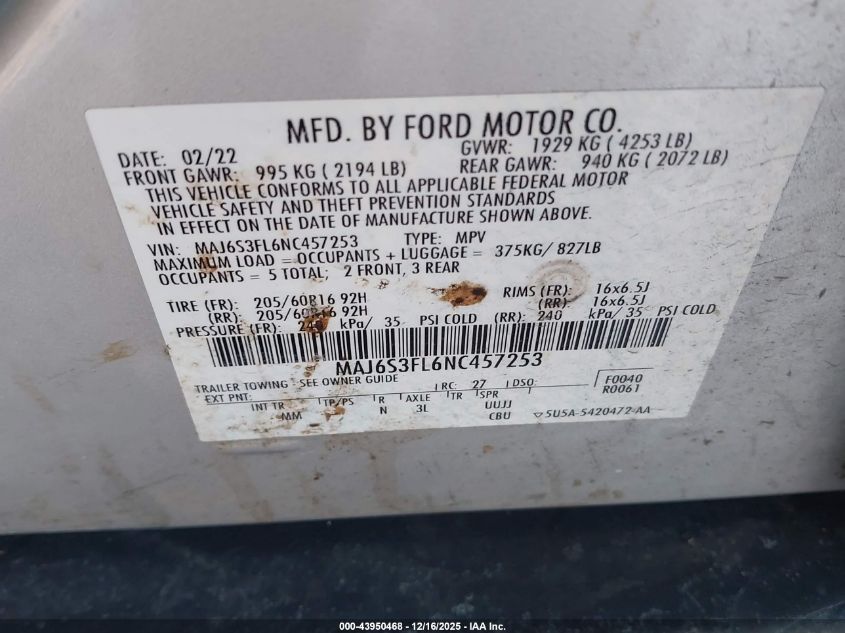 2022 Ford Ecosport S VIN: MAJ6S3FL6NC457253 Lot: 43950468