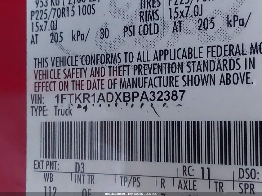 2011 Ford Ranger Xl VIN: 1FTKR1ADXBPA32387 Lot: 43950469