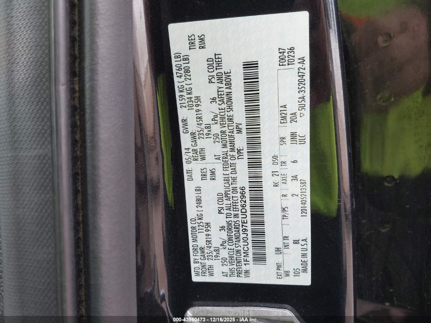 2014 Ford Escape Titanium VIN: 1FMCU0J97EUD62966 Lot: 43950473