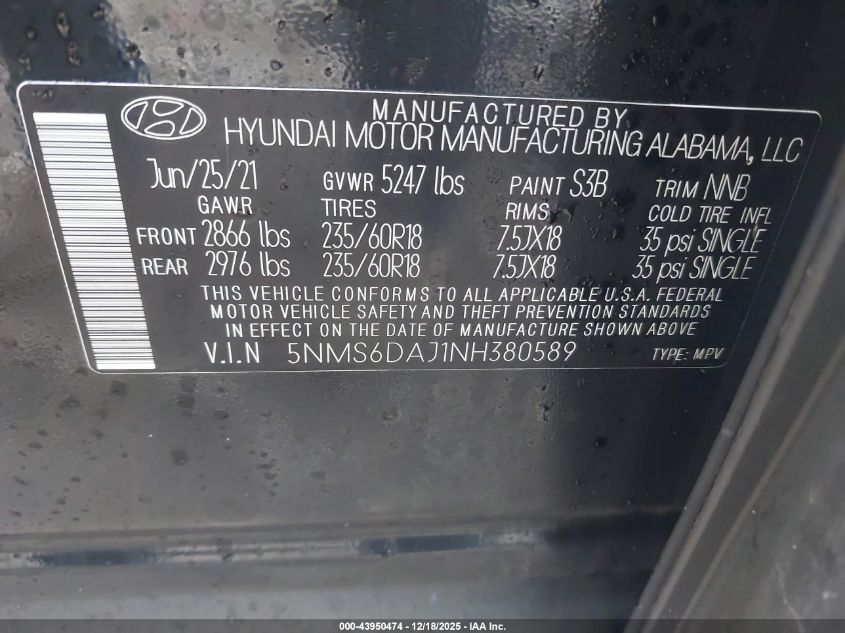 2022 Hyundai Santa Fe Sel VIN: 5NMS6DAJ1NH380589 Lot: 43950474