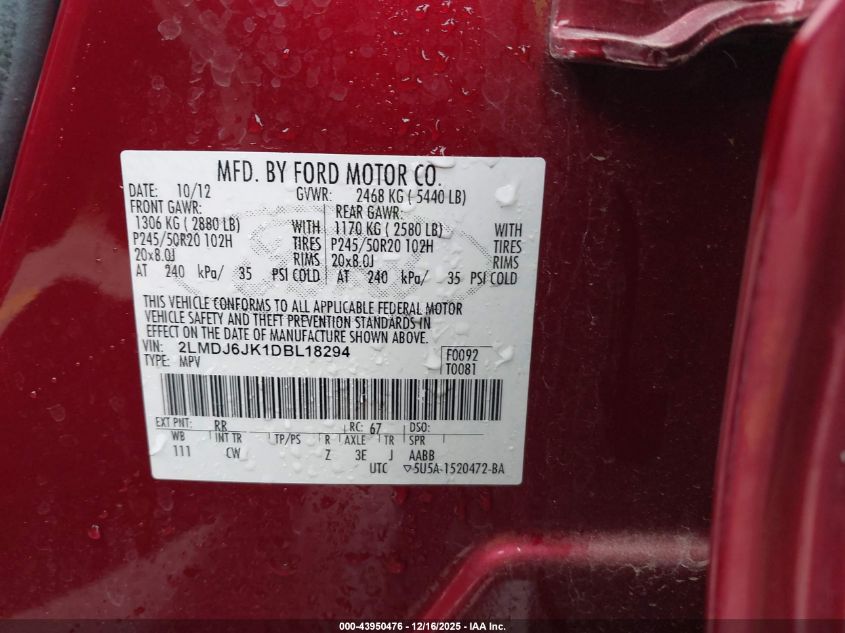 2013 Lincoln Mkx VIN: 2LMDJ6JK1DBL18294 Lot: 43950476